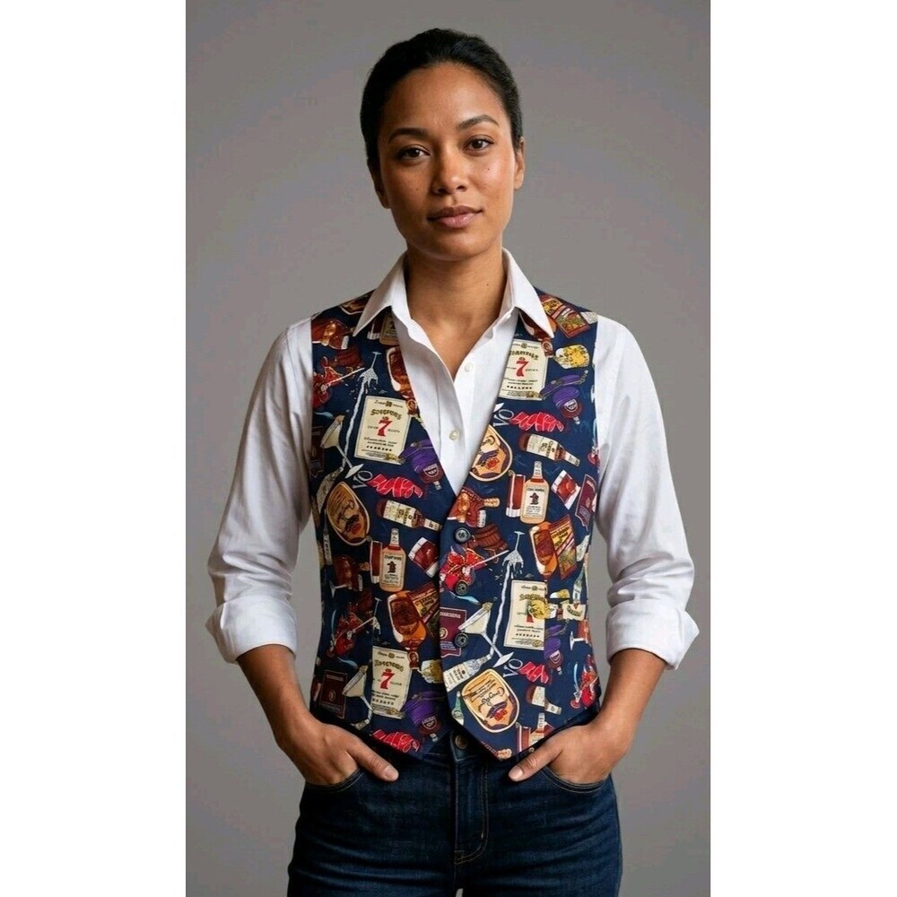 Vtg Nicole Miller Silk Vest Novelty Rum Print 90's Button Limited Edition Large